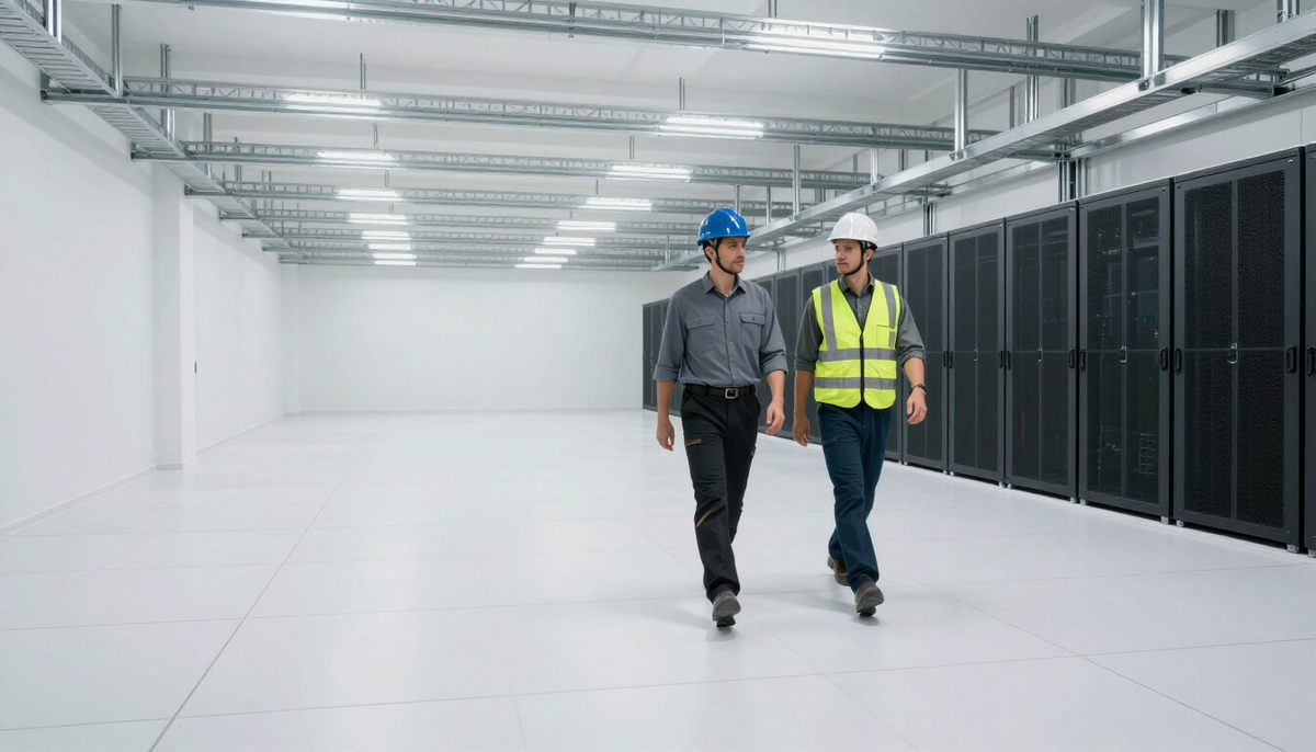 Engineers walking through a newly built empty data hall with white raised floor during commissioning