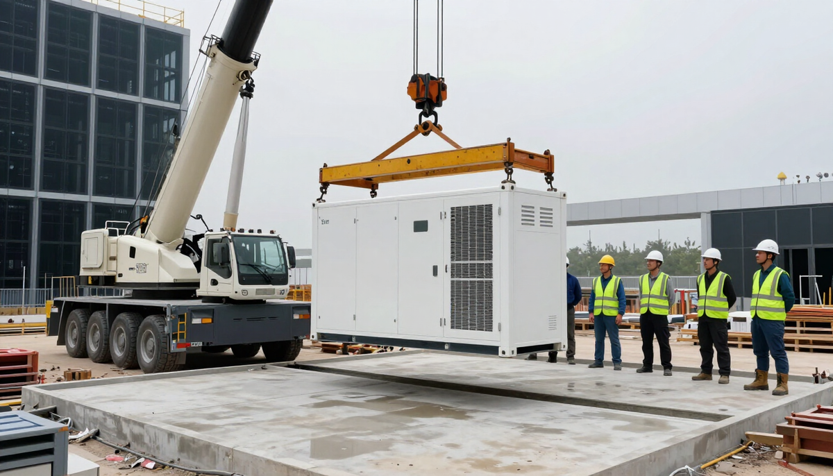 Mobile crane lowering a large containerized generator onto a concrete pad on an overcast day