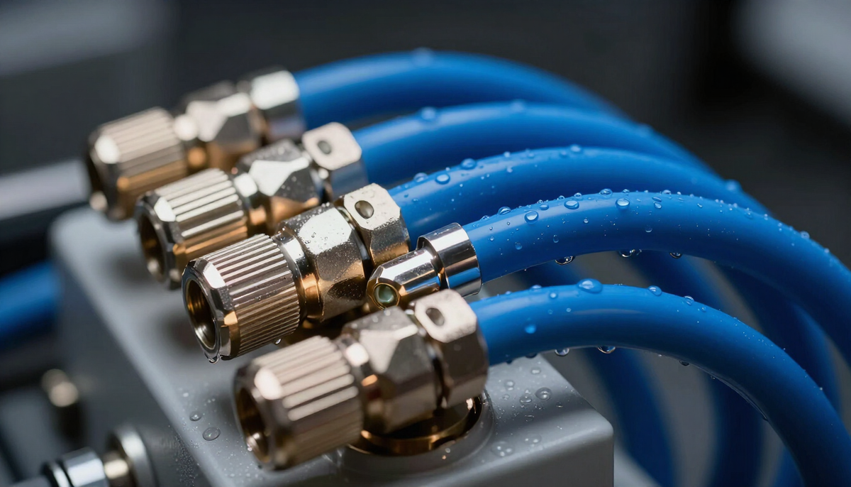 Close-up of blue liquid cooling hoses and quick-disconnect couplings on a coolant distribution unit