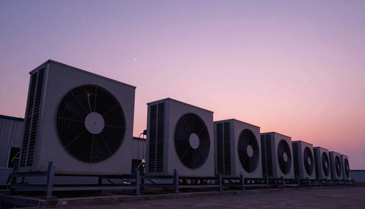 Rooftop dry cooler fans against a pink and lavender twilight sky, the kind of cooling a data center equipment import brings