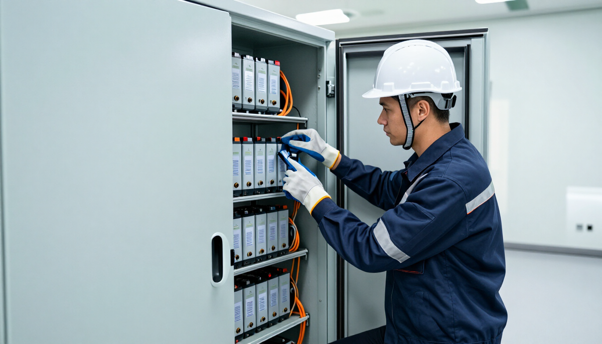 Engineer checking an open lithium-ion UPS battery cabinet in a bright electrical room