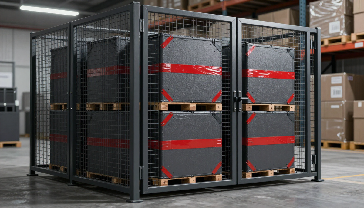 Sealed server crates waiting inside a fenced bonded warehouse cage under cold fluorescent light during a customs hold