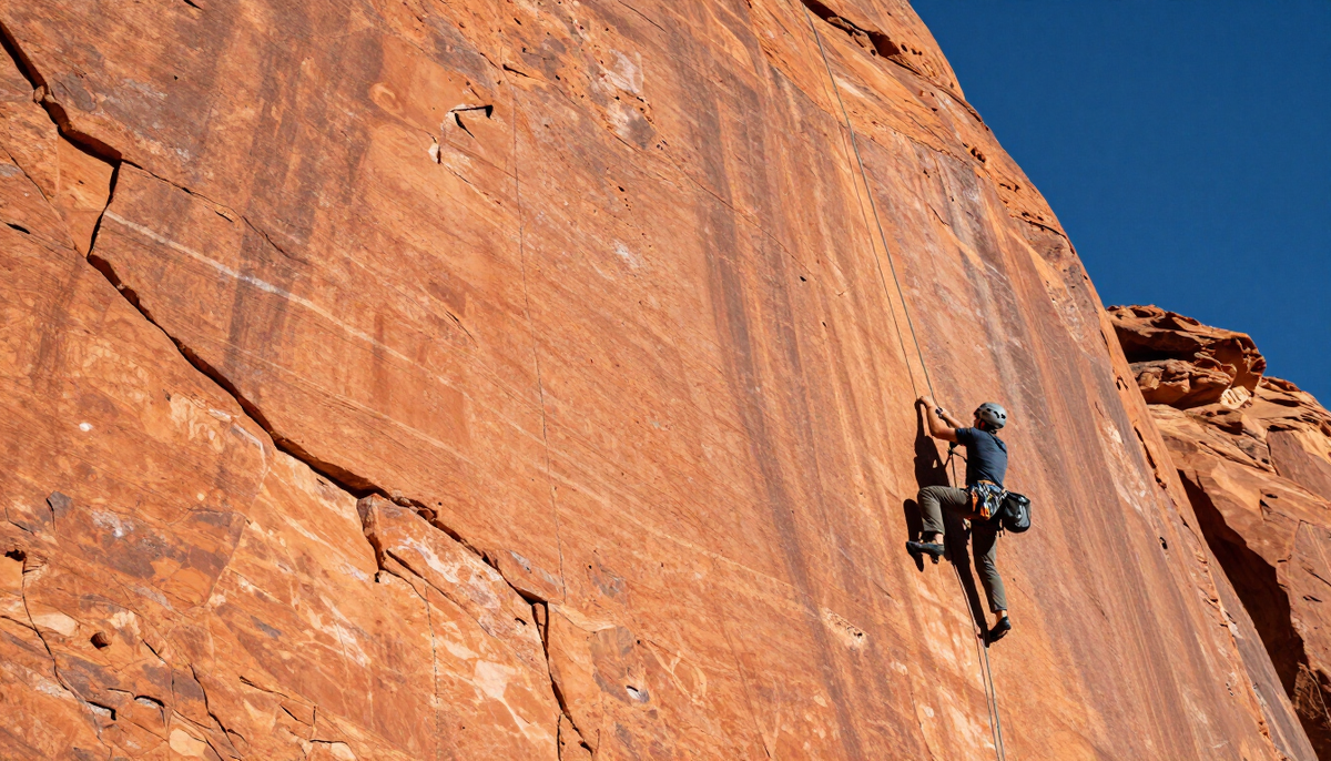 Climber scaling a sunlit orange sandstone cliff under a deep blue sky, the uphill effort behind DDP for IT hardware