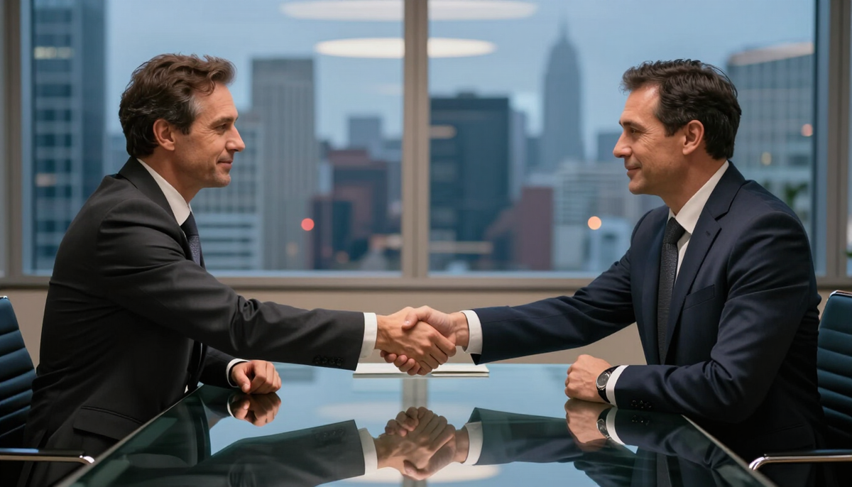 Two executives shaking hands across a glass table in a high-rise meeting room at dusk, closing a DDP for IT hardware deal