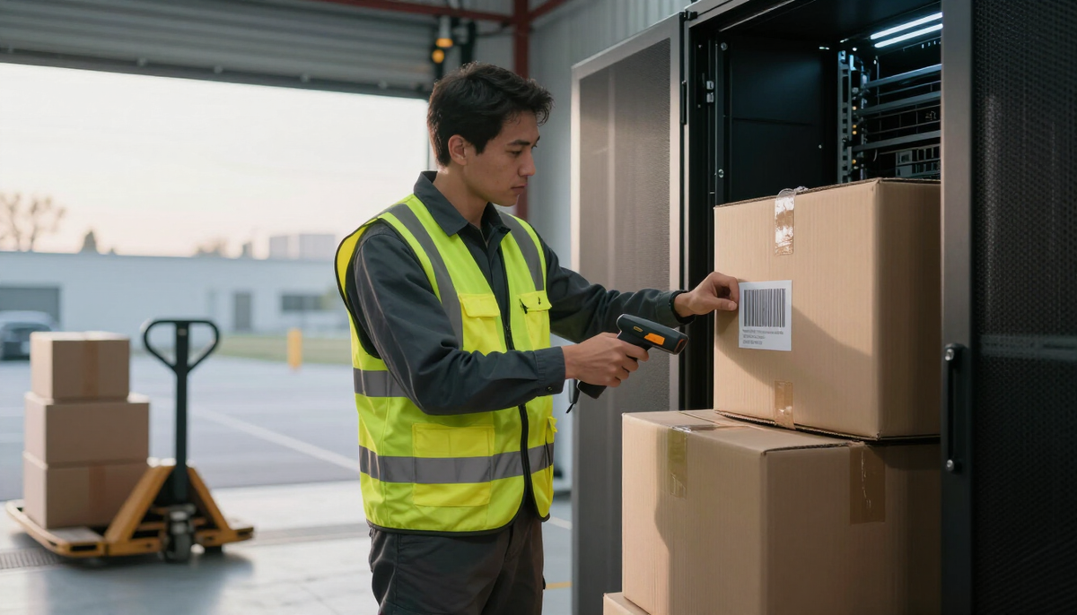 Data center technician scanning the barcode on a delivered server box at a loading dock in early morning light
