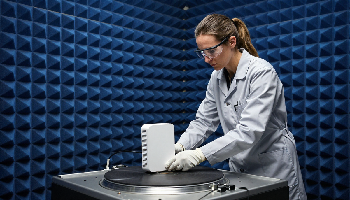 Engineer placing a Wi-Fi access point on a turntable inside a blue anechoic chamber for ENACOM RAMATEL registration tests