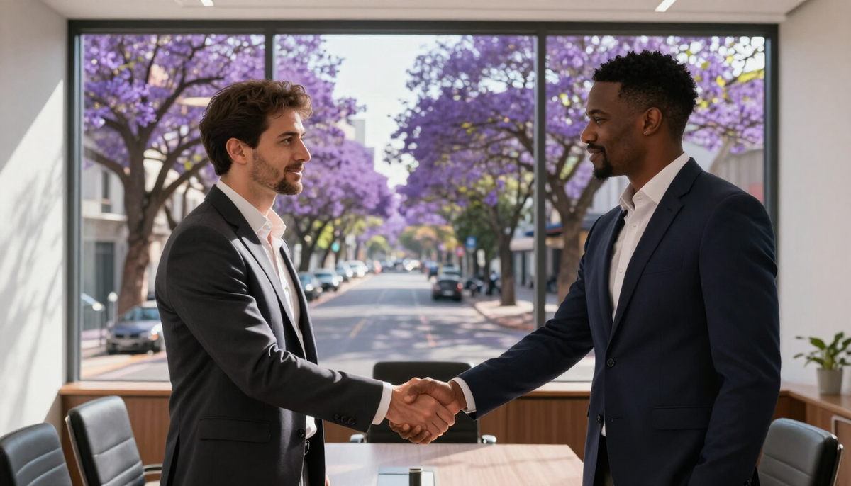 Two business partners shaking hands in a bright meeting room above a Buenos Aires avenue lined with blooming jacaranda trees