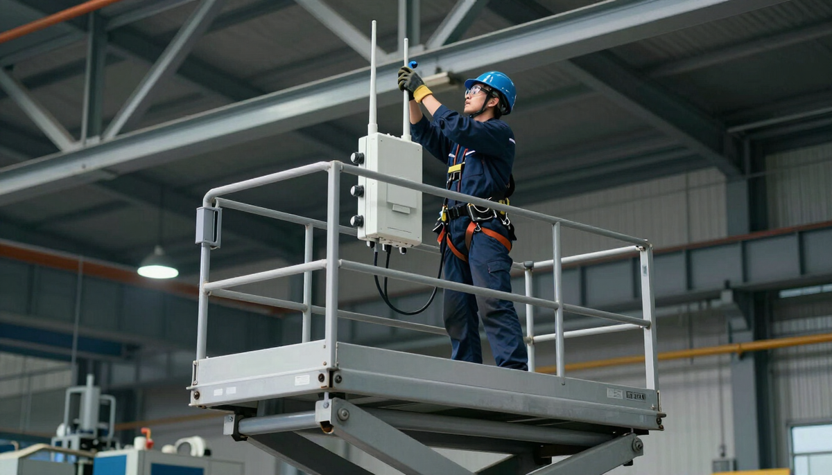 Engineer on a lift mounting a private 5G radio unit on a factory ceiling truss under cool industrial lighting