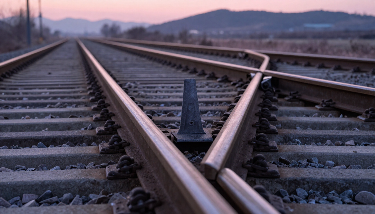 Steel railway switch points splitting one track into two under light frost at pink dawn, a symbol of the new RAMATEL rules