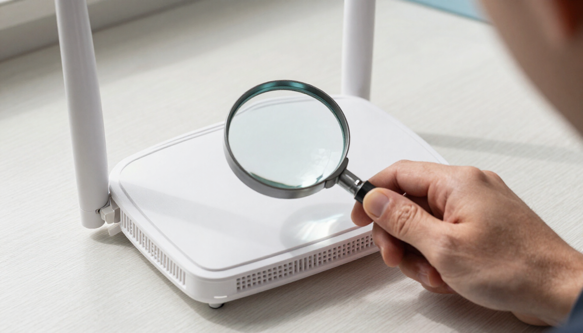 Hand holding a magnifier over the regulatory label on the underside of a white Wi-Fi router on a light workbench