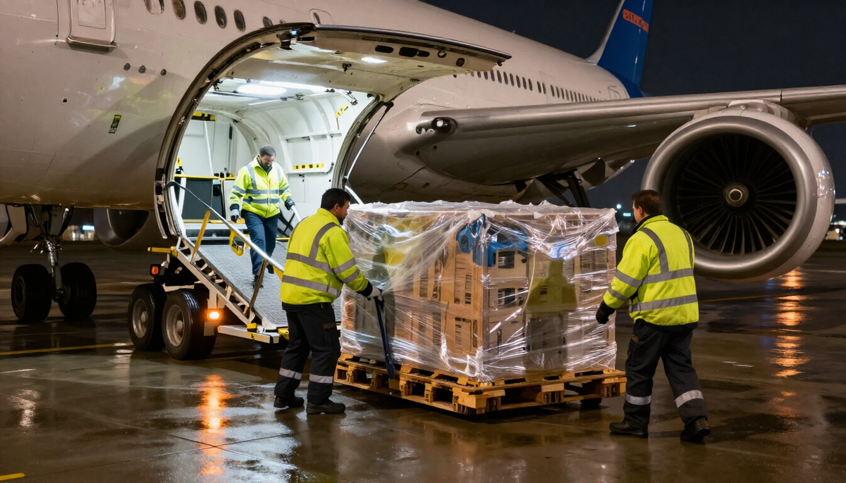 Ground crew rolling a shrink-wrapped server crate out of a widebody freighter at night under orange sodium lights