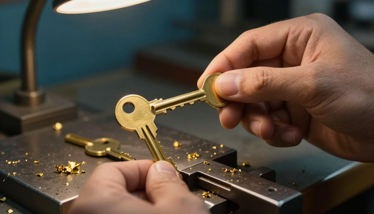 Locksmith's hands holding a freshly cut brass key beside its blank in a teal-lit workshop, a precise fit like an Ex-tarifário