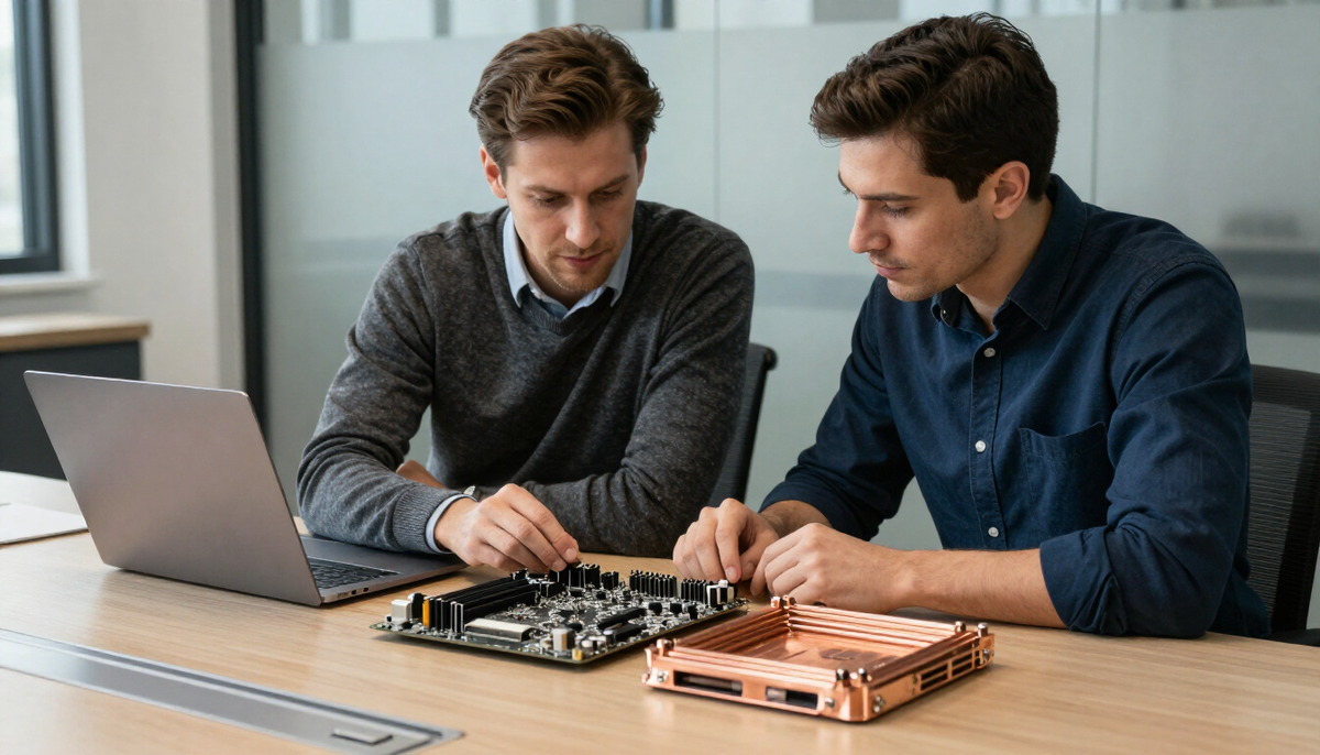 Two engineers comparing a server motherboard and a cooling plate on a meeting table while preparing a technical file