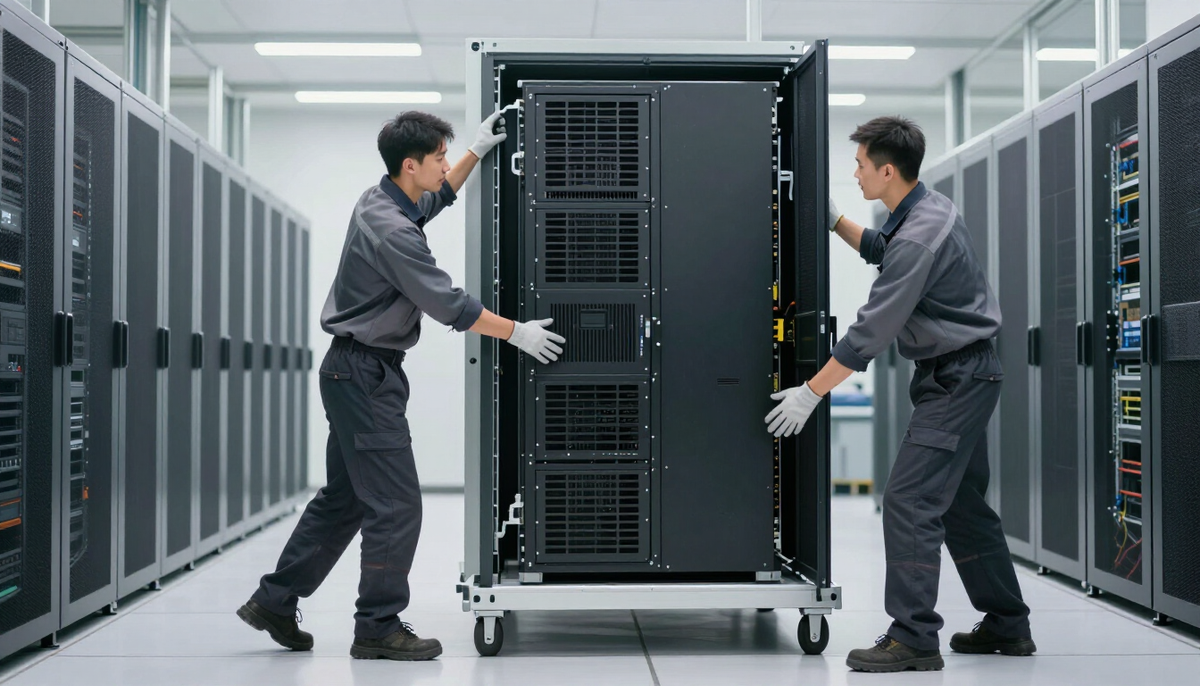 Technicians sliding a GPU server chassis into a rack, equipment that may qualify for an Ex-tarifário in Brazil
