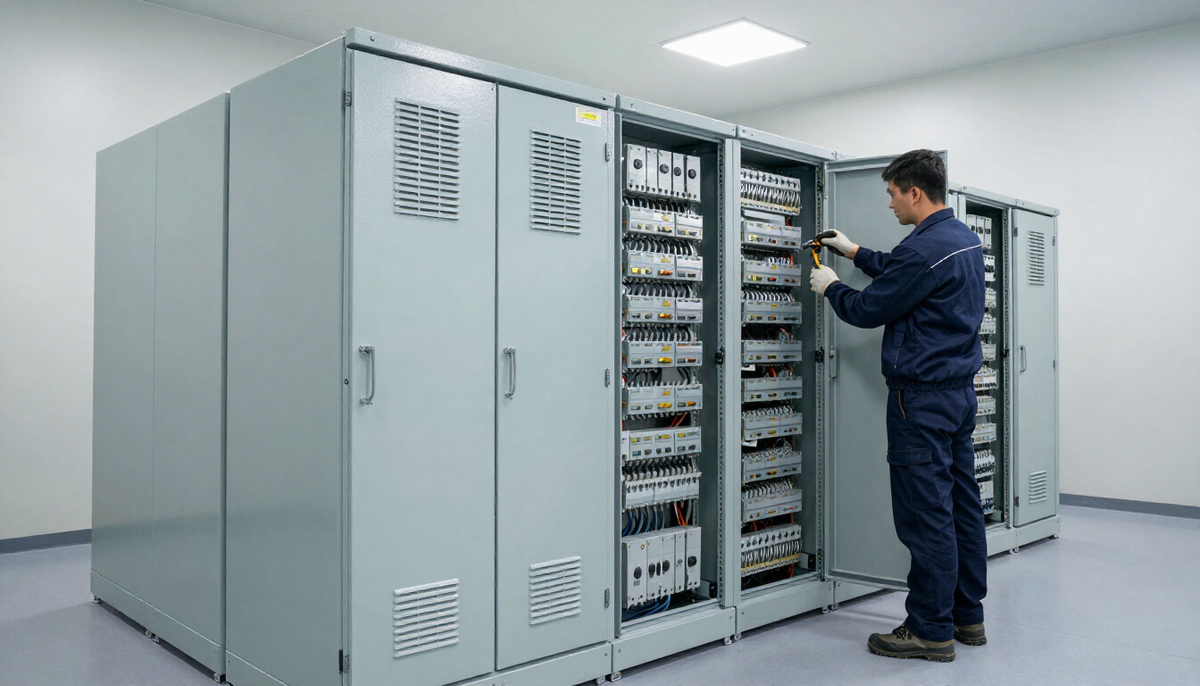 Technician aligning modular UPS cabinets and battery strings in a clean electrical room under cool white light