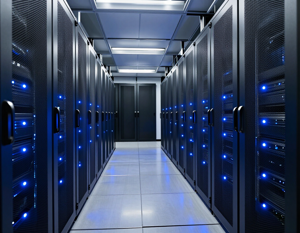 Data center corridor with server racks and blue lights