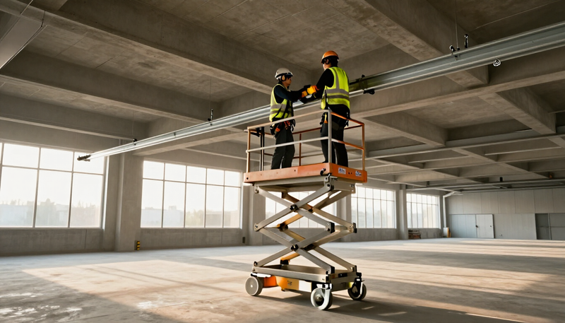 Electricians installing overhead power busway in a new data hall under construction in warm afternoon light