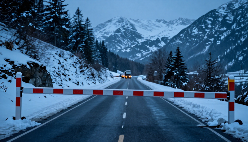 Lowered red and white barrier at a snowy mountain checkpoint at blue hour, a symbol of GPU server export controls
