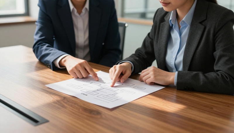 Two compliance analysts reviewing a corporate ownership chart at a long table in a sunlit meeting room