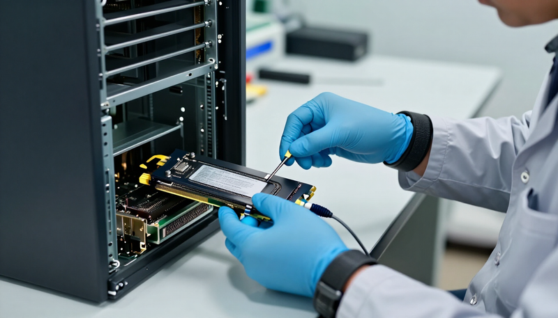 Engineer with an anti-static wrist strap checking the serial label on a GPU tray pulled from a server chassis in a test lab