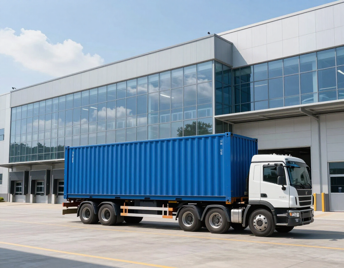 Blue shipping container on a truck at a modern logistics terminal