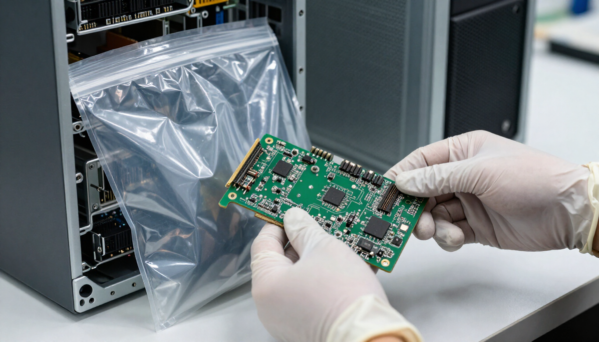 Gloved hands lifting a bare accelerator card from its antistatic bag next to an open server chassis in a quiet lab
