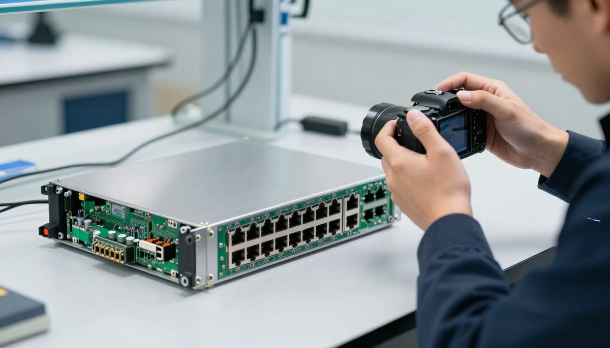 Engineer photographing the rear ports and internal board of a network switch on a bright lab bench for a classification file