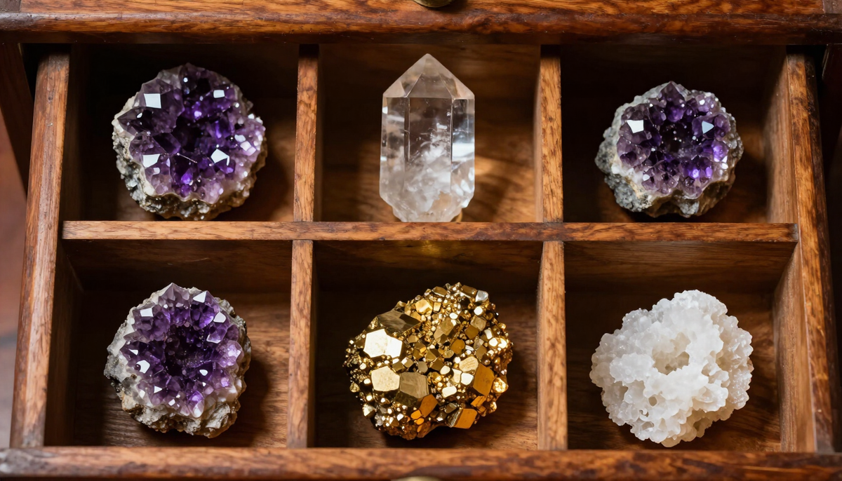 Overhead view of crystals sorted in a walnut specimen drawer under warm light, the logic behind an HS code for servers