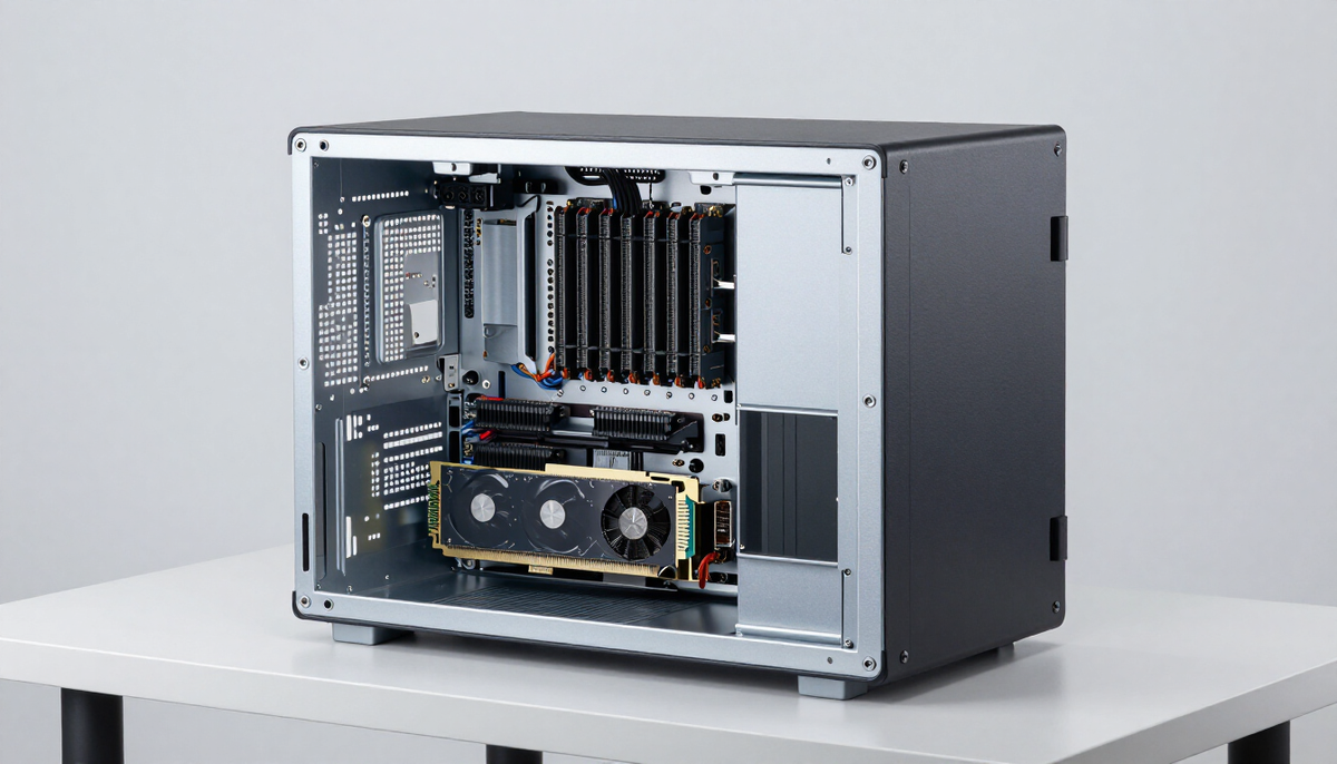 Open rack server on a workbench showing processors, memory modules and a GPU accelerator card under cool studio light