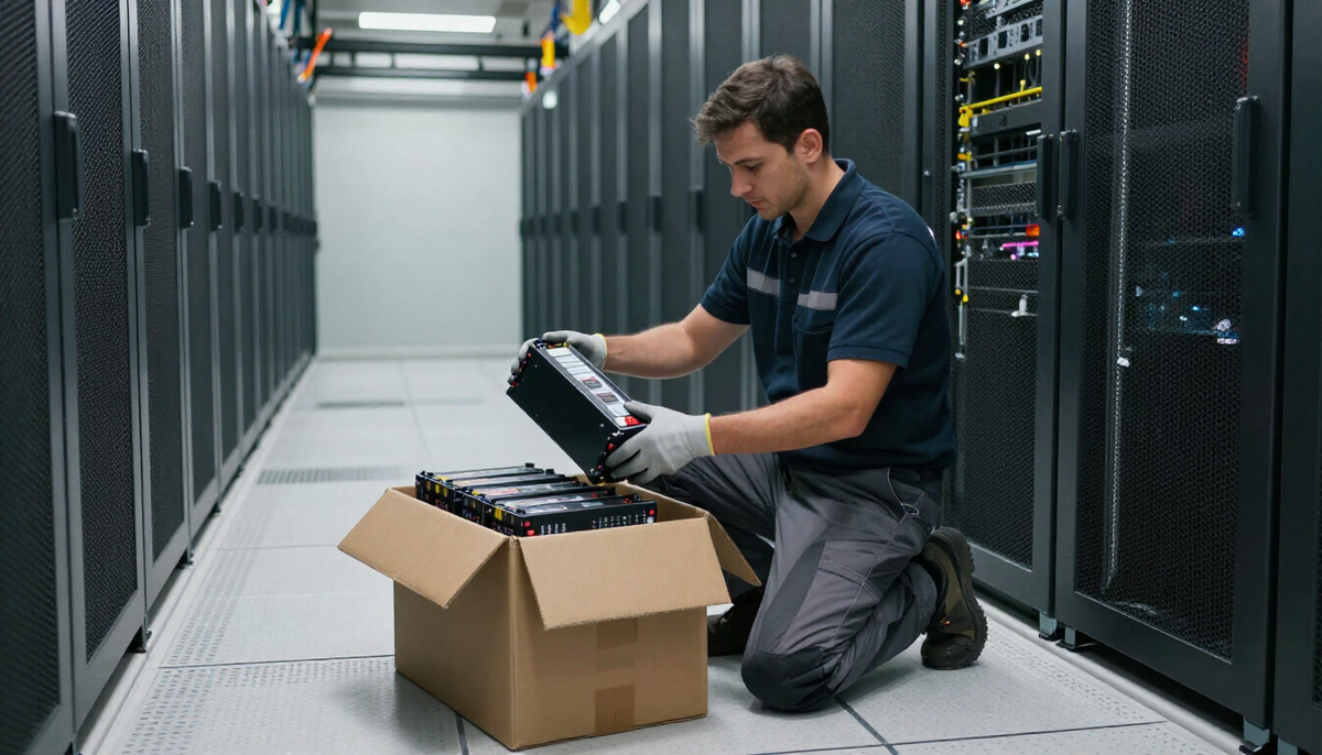 Technician unpacking lithium-ion battery modules for a UPS cabinet on the raised floor of a data hall