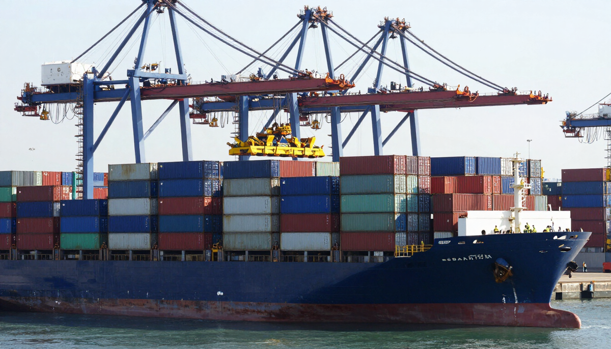 Container ship being unloaded at a port with cranes and stacked containers