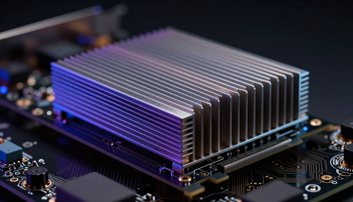 Macro of a GPU accelerator board and heat sink in cool blue light, typical of the AI servers companies import