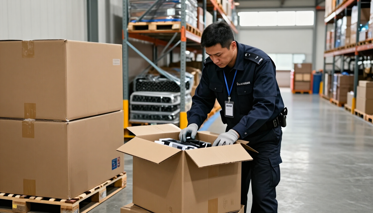 Customs officer inspecting cardboard boxes of electronic equipment in a warehouse