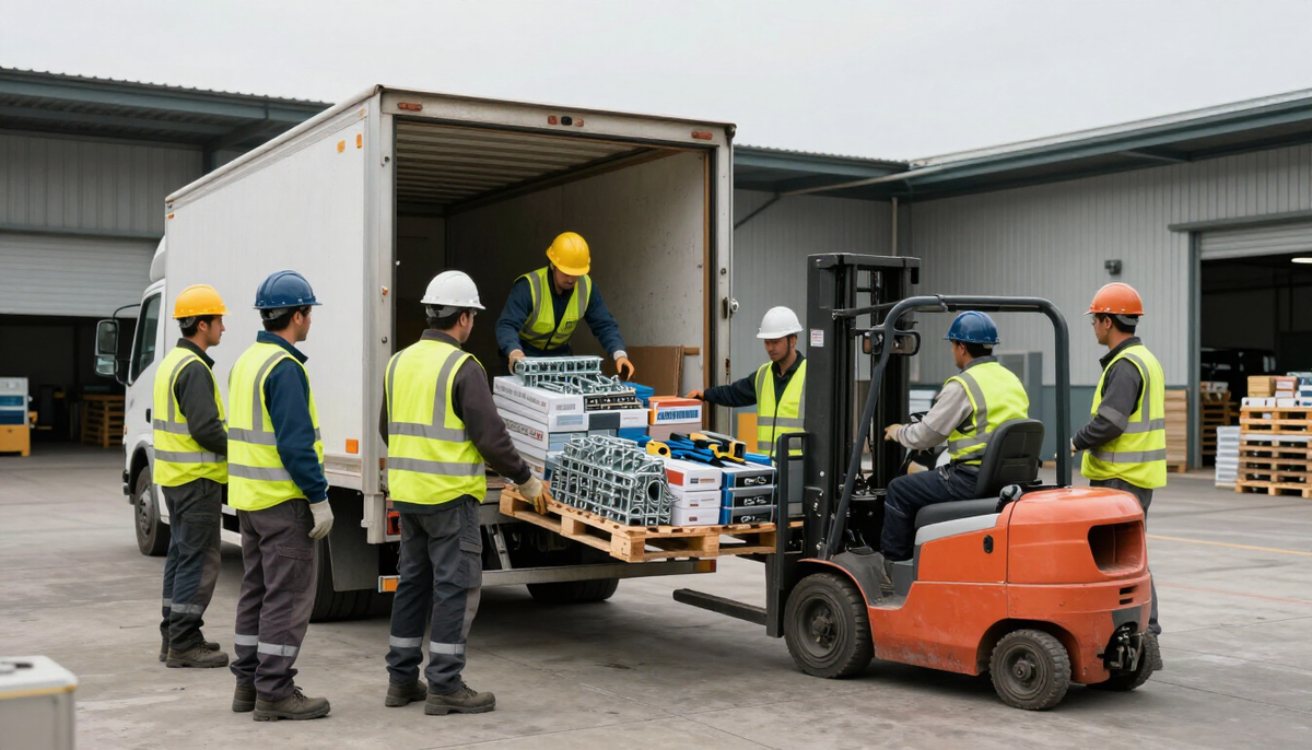 Workers unloading pallets of mining hardware from a truck at an industrial site