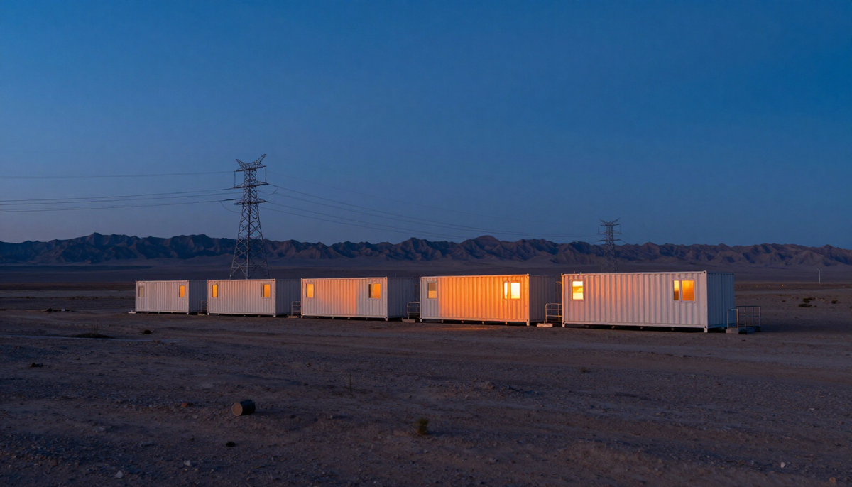 Mining containers glowing at dusk in a desert near power lines, a common destination when companies import ASIC miners