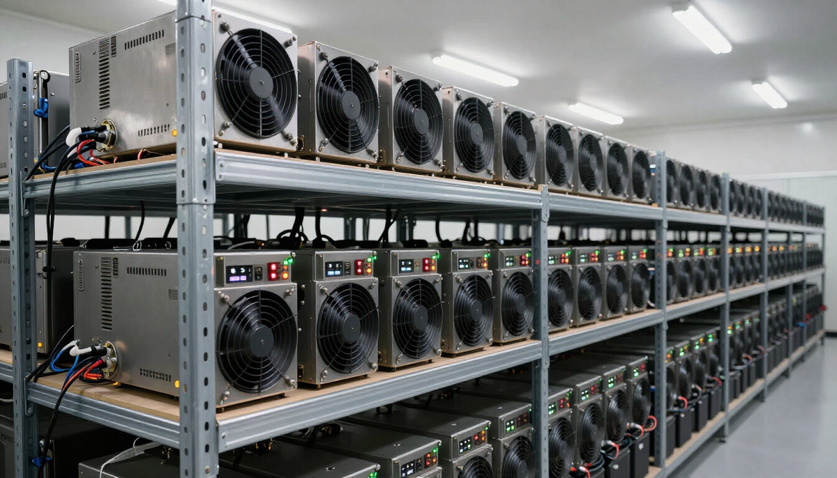 Rows of ASIC mining machines running on shelves in a mining facility