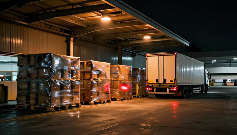 Air cargo terminal truck dock at night with wrapped cargo units under sodium lights and a truck backing in
