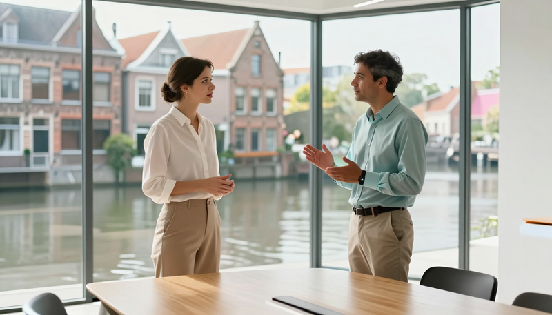 Customs representative and a hardware vendor reviewing a shipment plan together in a bright glass meeting room above a canal