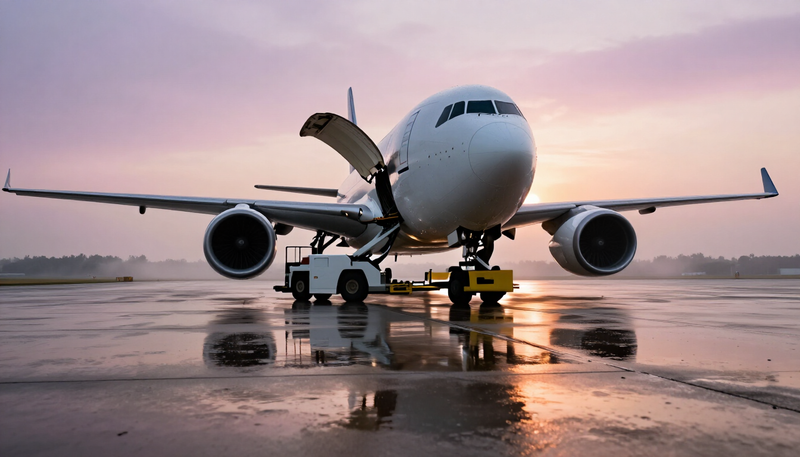 Cargo freighter with its nose door raised on a wet apron at sunrise, ready to import into the EU without an EU entity