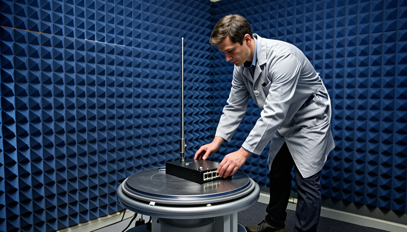 Engineer testing a network switch inside an electromagnetic compatibility chamber lined with blue foam absorber cones