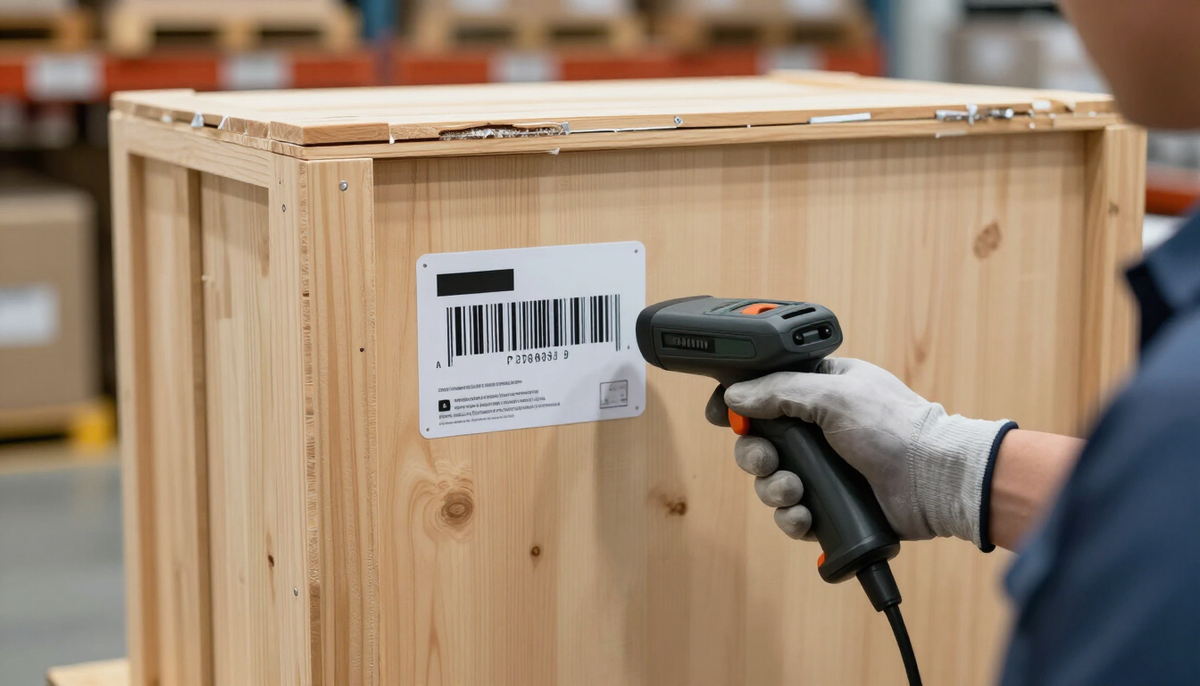 Gloved hands of a customs broker scanning a barcode on a sealed wooden server crate in a bonded area under bright work lights