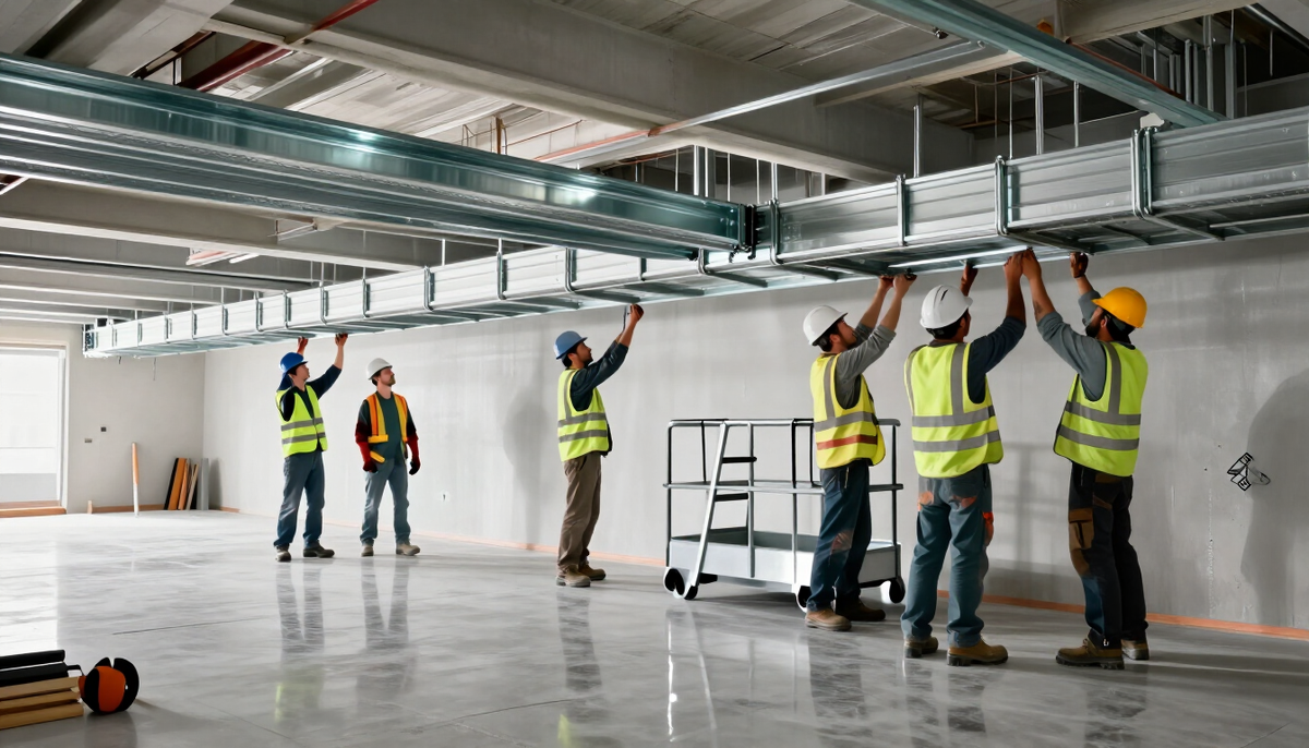 Workers in hard hats installing overhead cable trays in a new, empty data hall under construction, lit by cool white light