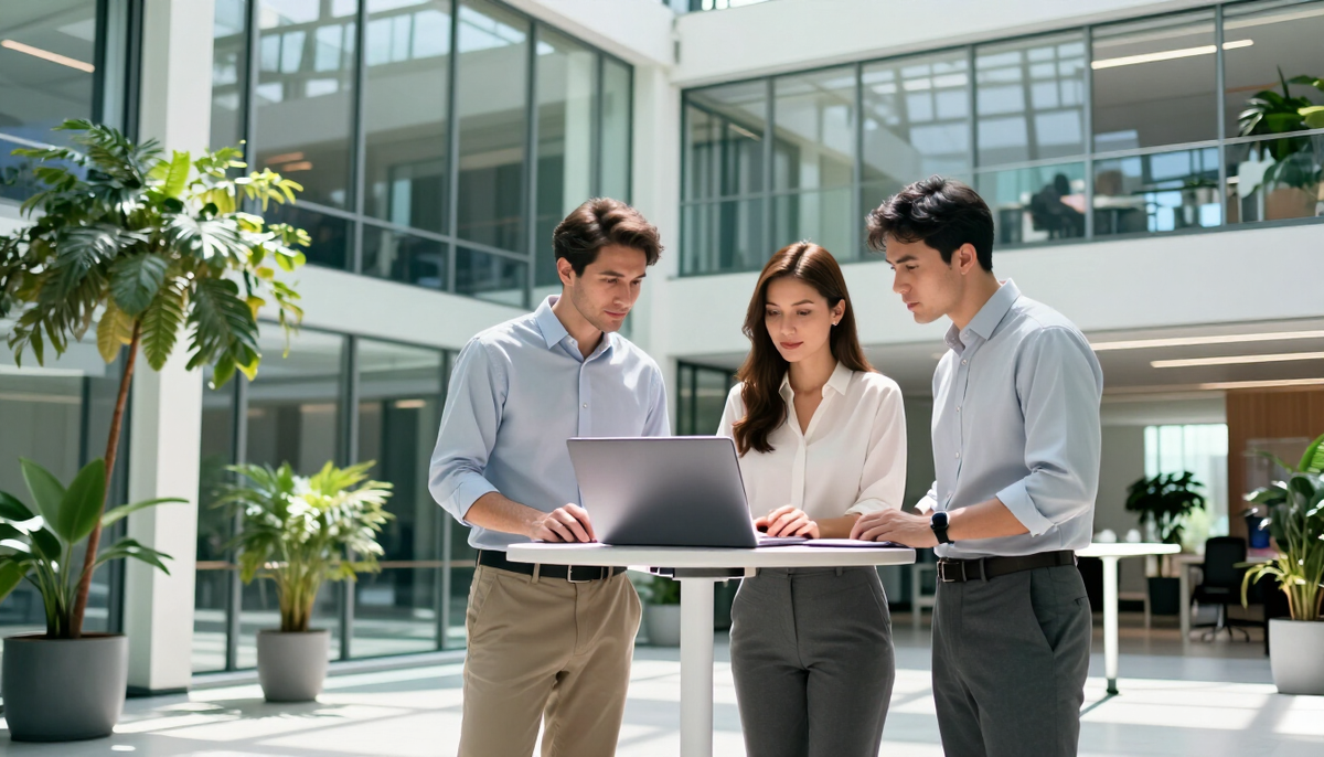 Two engineers reviewing a laptop in a bright glass atrium with plants, inside an office park in a Uruguayan free trade zone