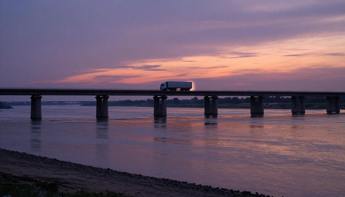 Truck crossing a long concrete bridge over a wide river at dusk, carrying hardware from Uruguay to Argentina