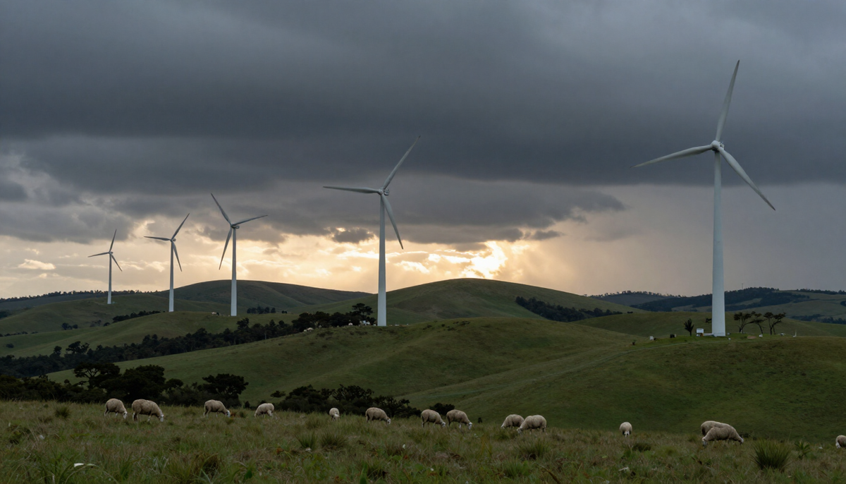 Wind turbines over green hills and grazing sheep under a stormy grey sky, a landscape that draws hardware imports to Uruguay