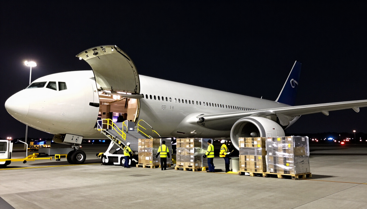 Cargo freighter being loaded with pallets on an airport apron at night under floodlights
