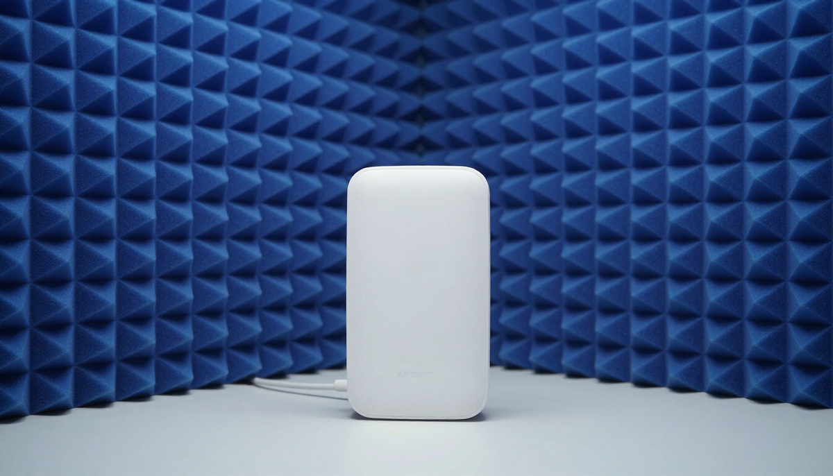 Wireless access point mounted on a test stand inside a radio test chamber lined with blue foam pyramids