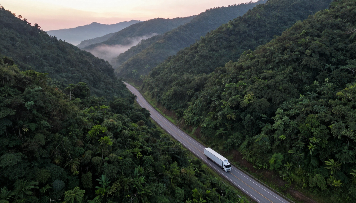 Aerial view at dawn of a truck on a winding road through misty green hills, on the way to import IT equipment into Brazil