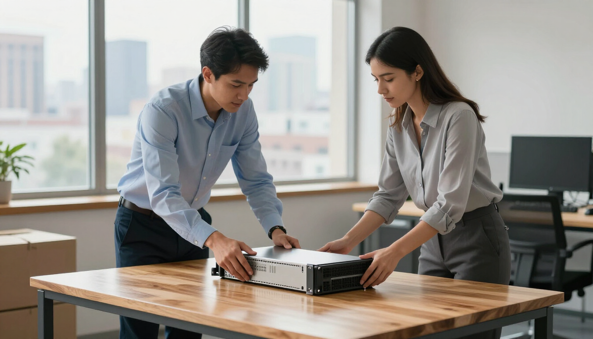 Two engineers unpacking a rack server on a workbench in a bright office with a city skyline behind them