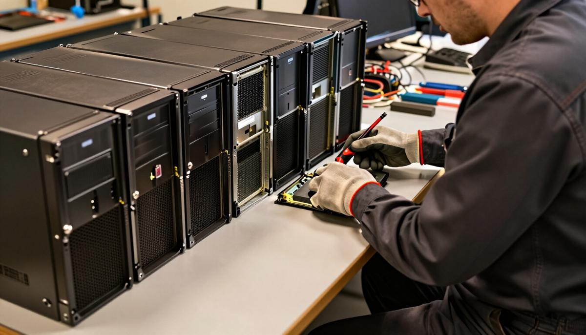 Technician with gloves testing refurbished servers on a workshop bench under warm light